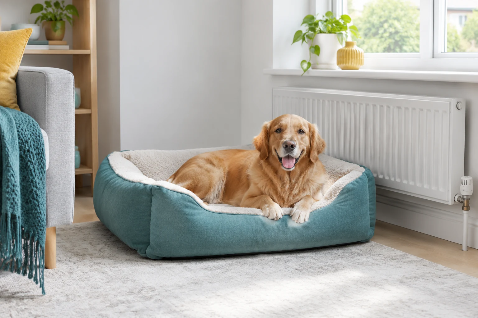 A dog bed placed in a quiet corner of a living room