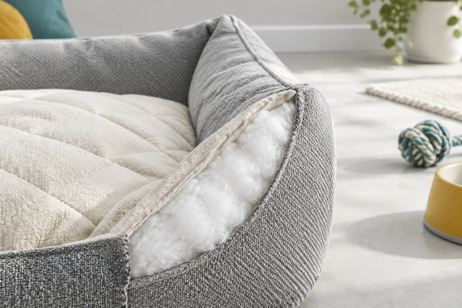 Close-up of woven fabric and stitching on a pet bed