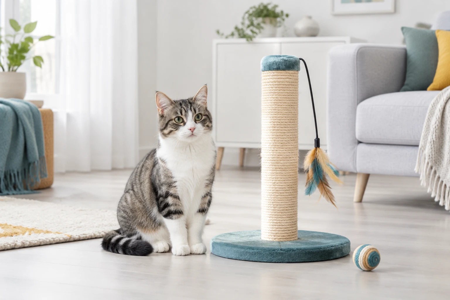 A cat sitting beside a scratching post and toys