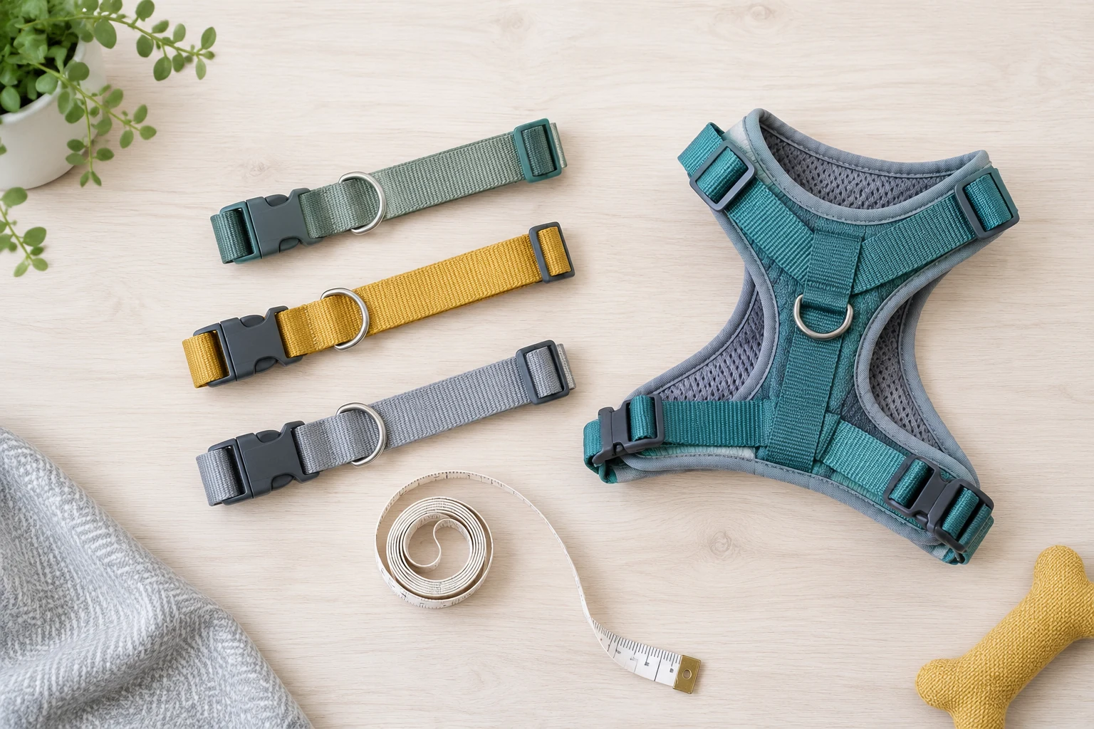 Collars and harnesses laid out with a tape measure