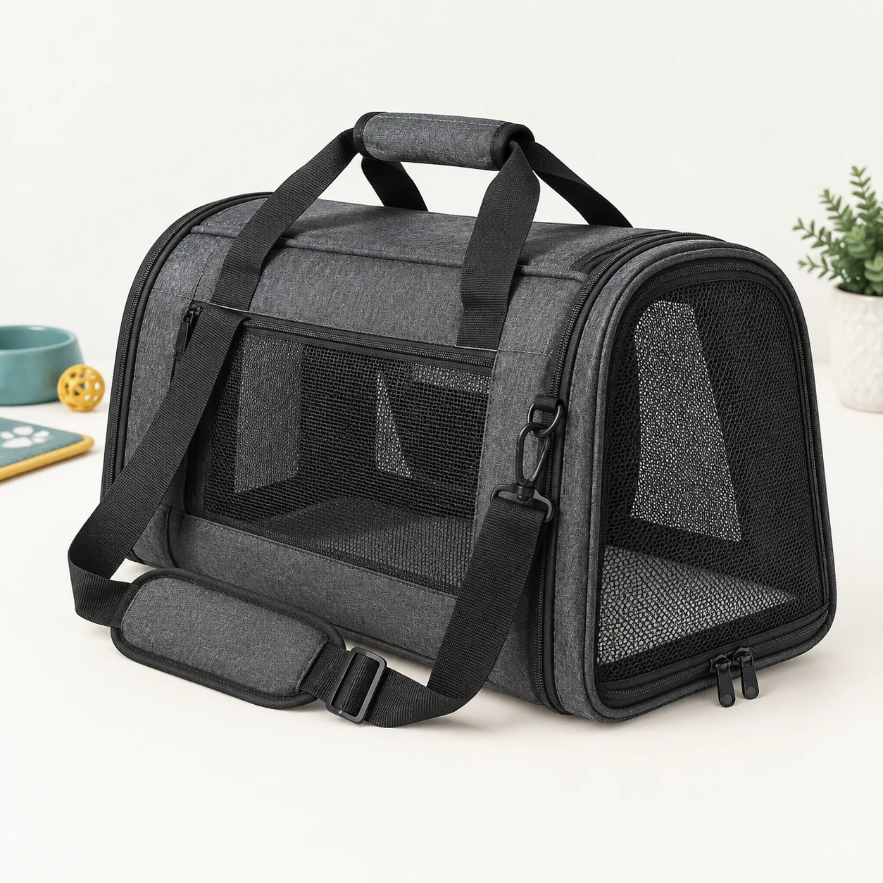 Soft-sided pet carrier bag with mesh panel on a neutral background