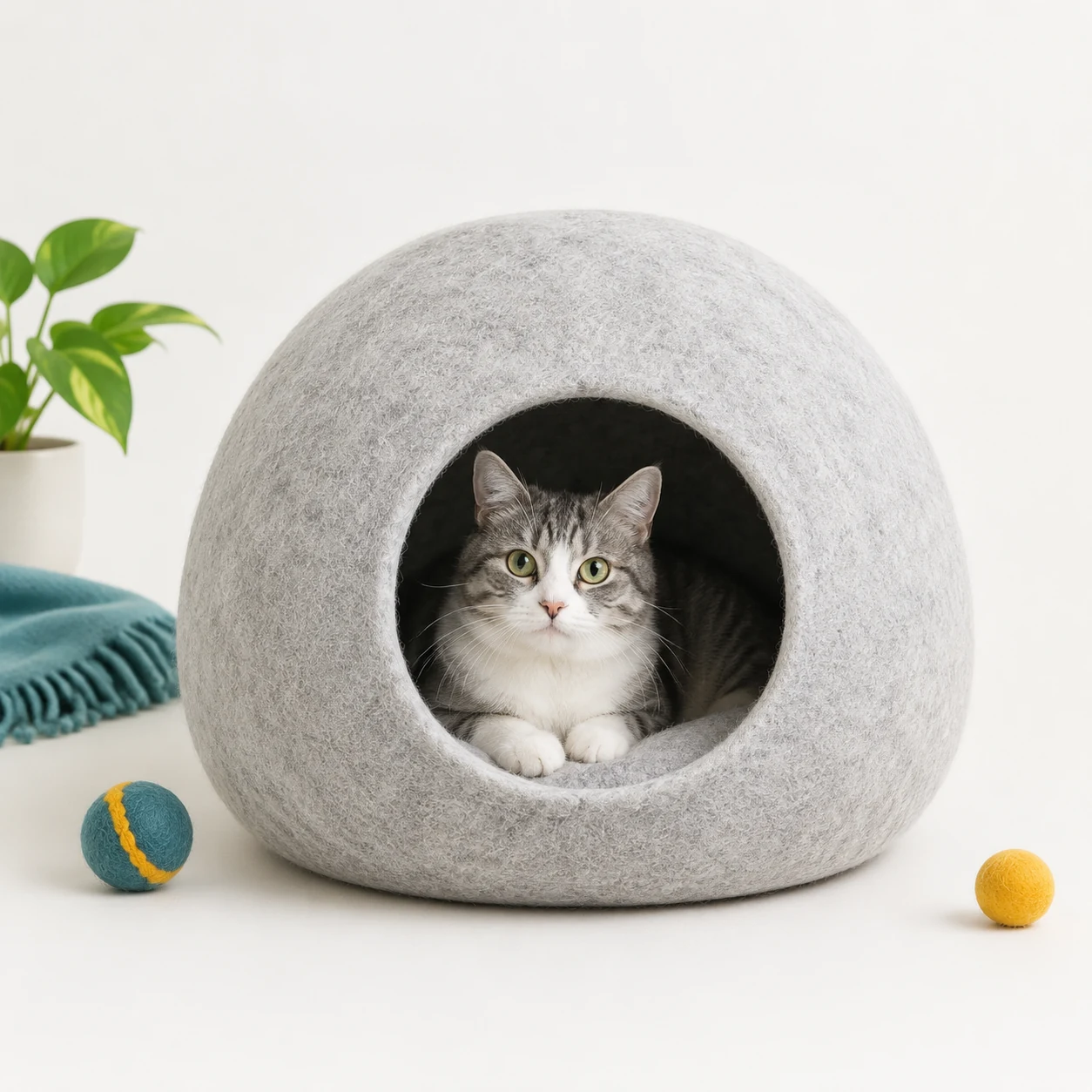 Felted wool cat cave house on a neutral background