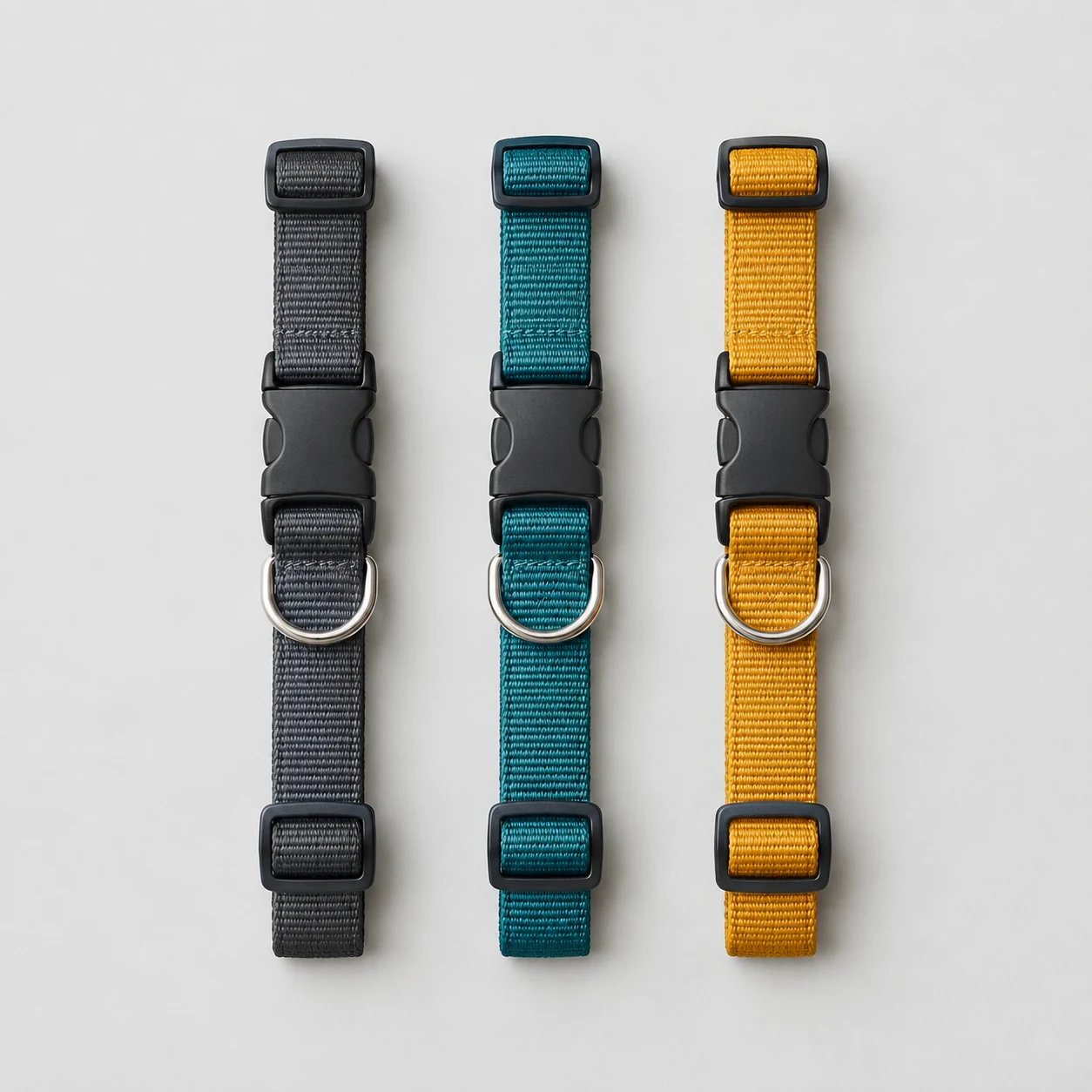 Nylon dog collars with metal buckles laid flat on a neutral background