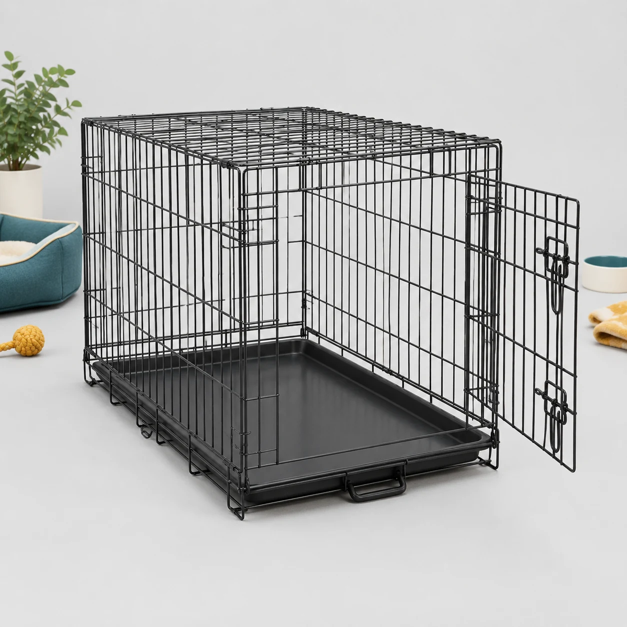Folding wire dog crate with a slide-out tray