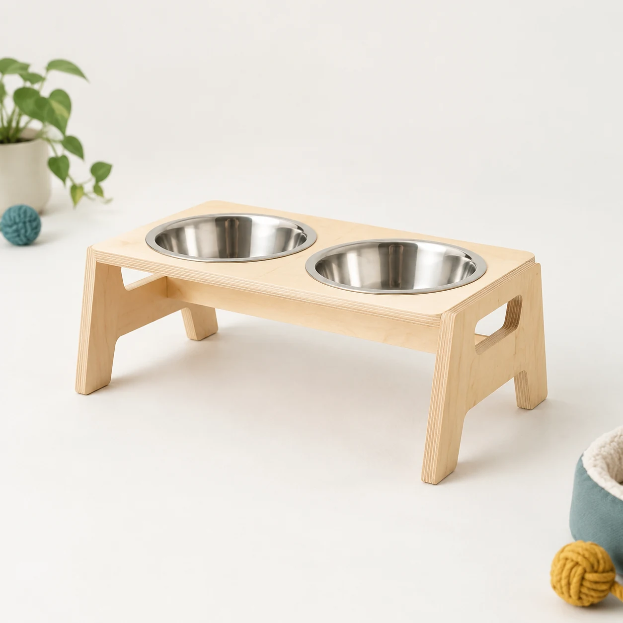 Raised twin bowl feeder stand with stainless steel bowls