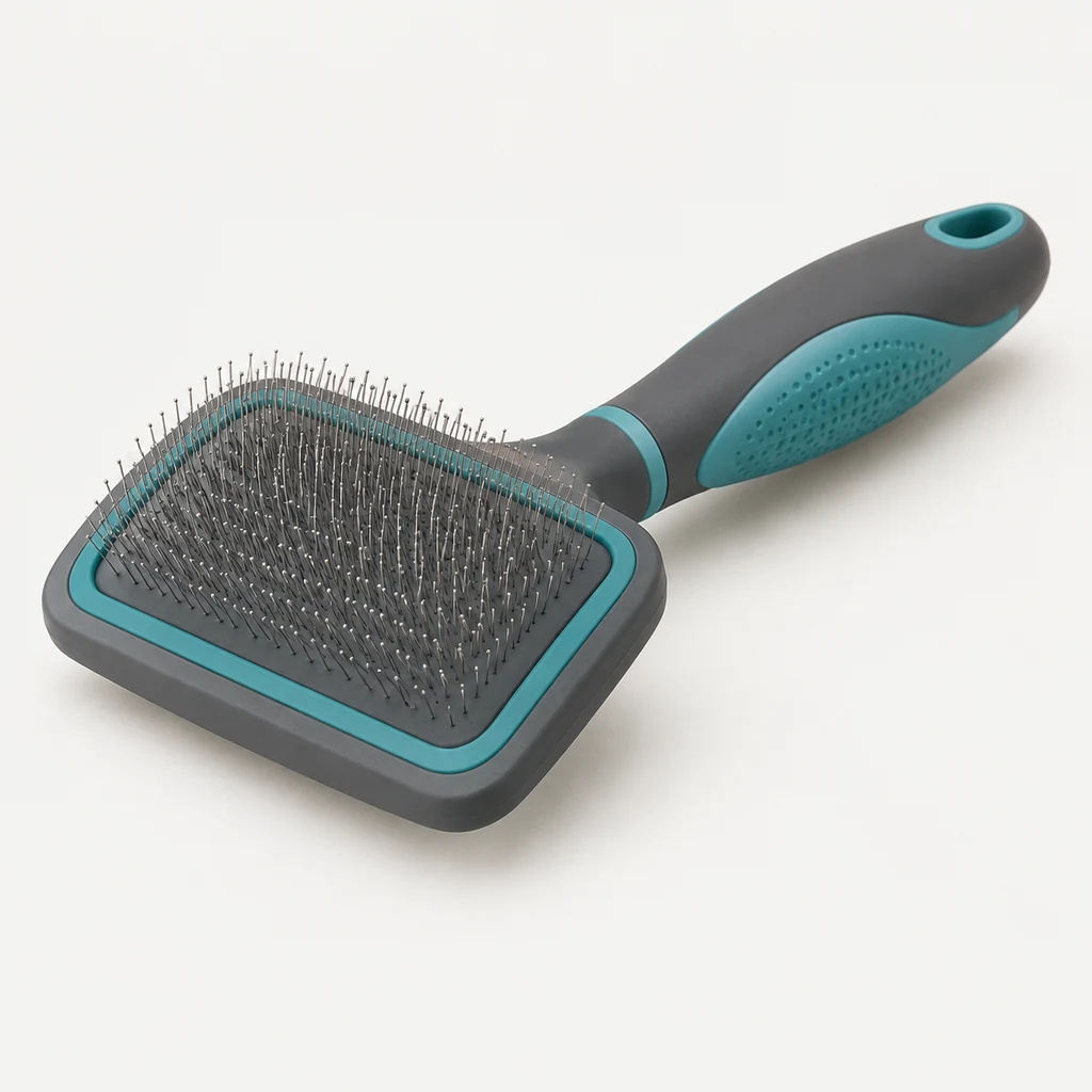Slicker grooming brush with a moulded handle on a neutral background