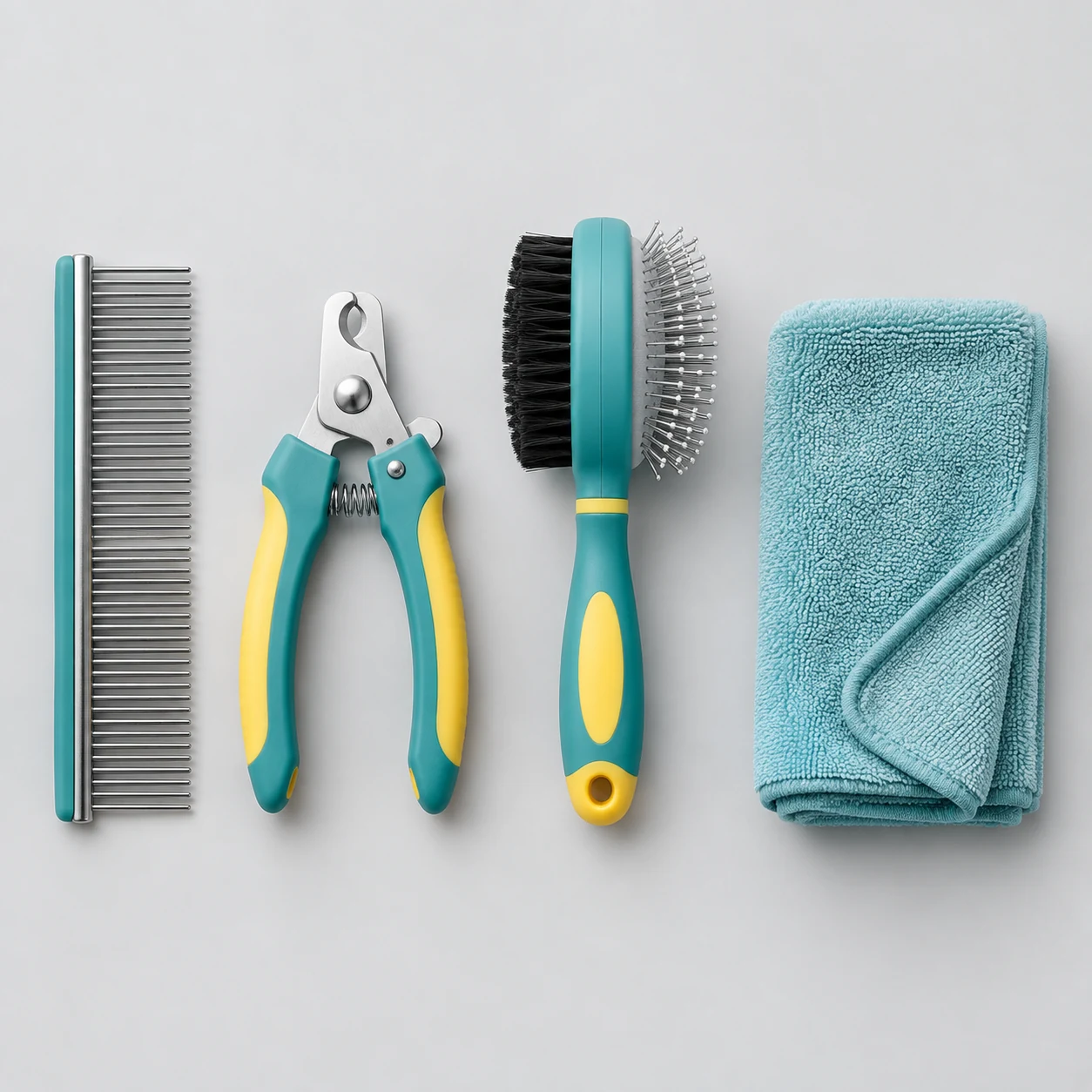 Pet grooming kit with comb, nail clippers and brush