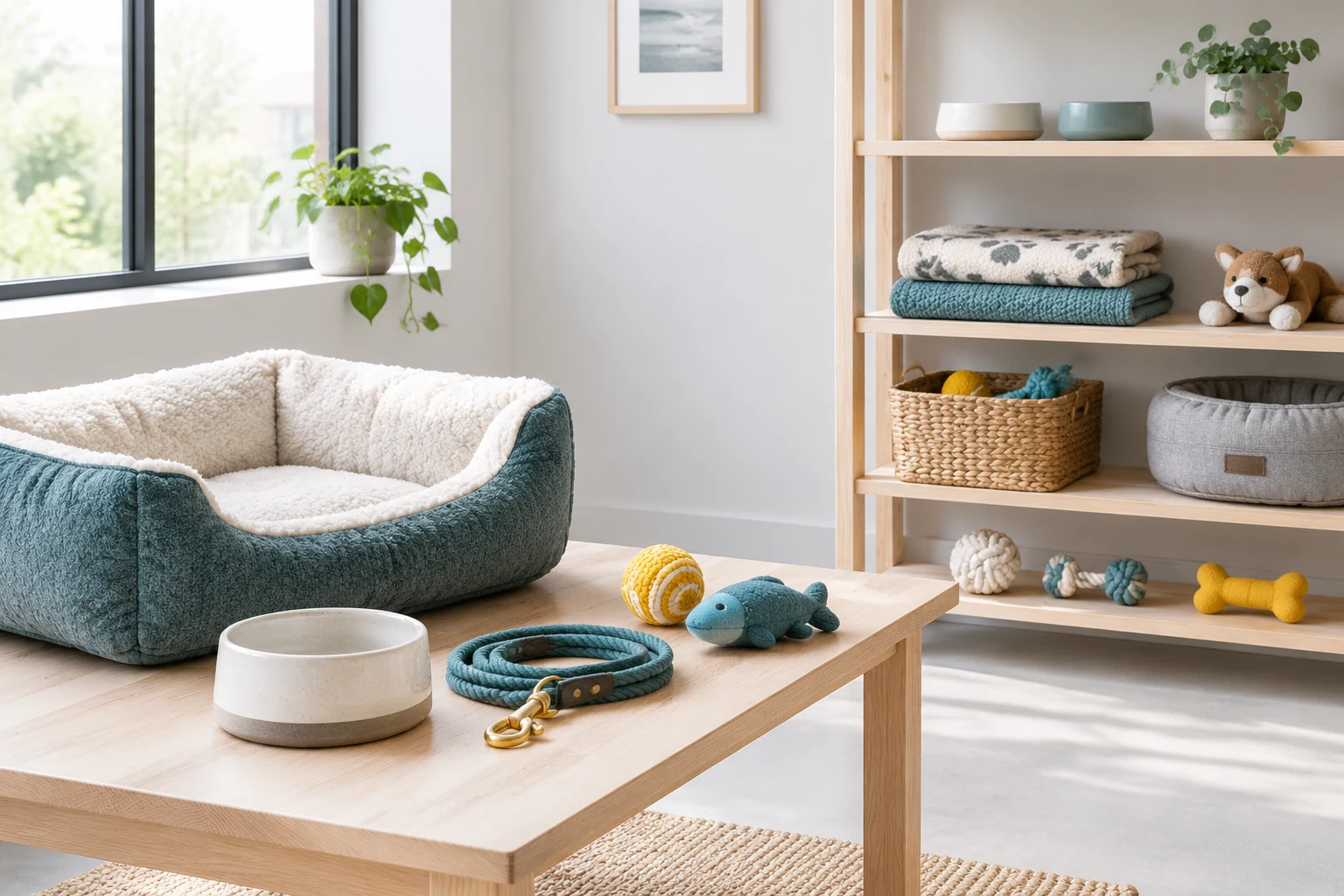 Pet beds, bowls and toys arranged on a bright shop display