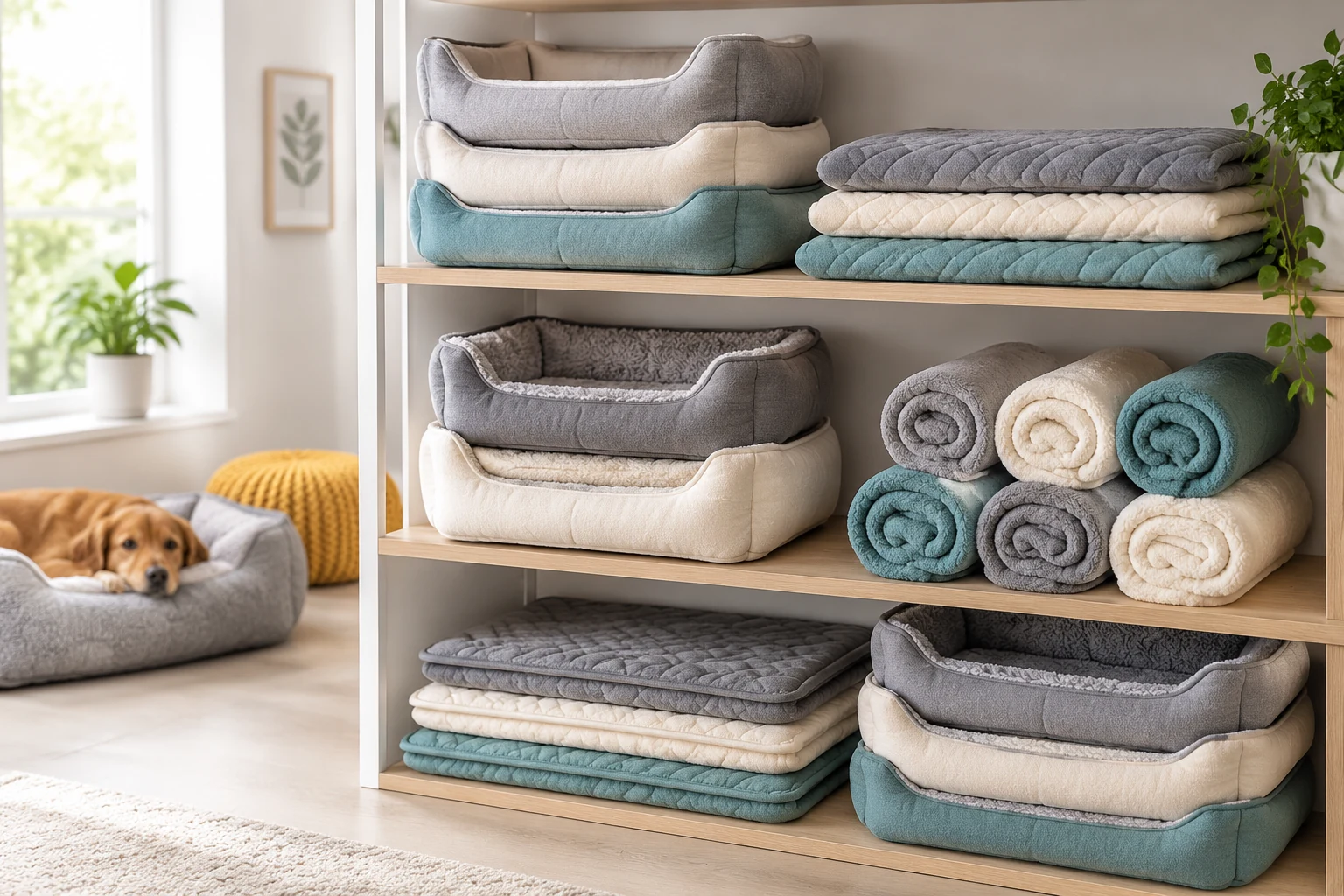 Folded pet beds, mats and blankets stacked on shelves