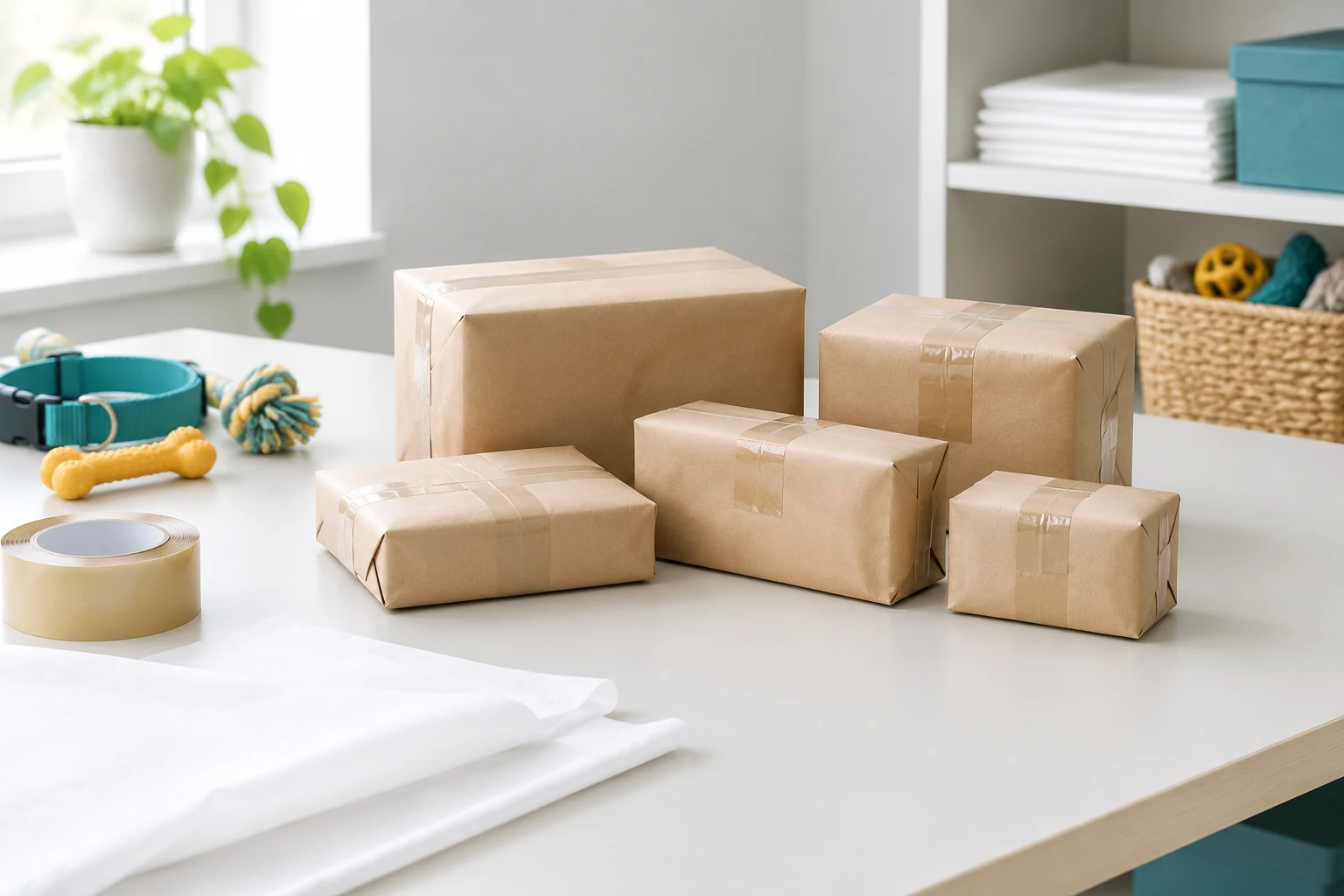 Parcels of pet accessories packed and ready to post