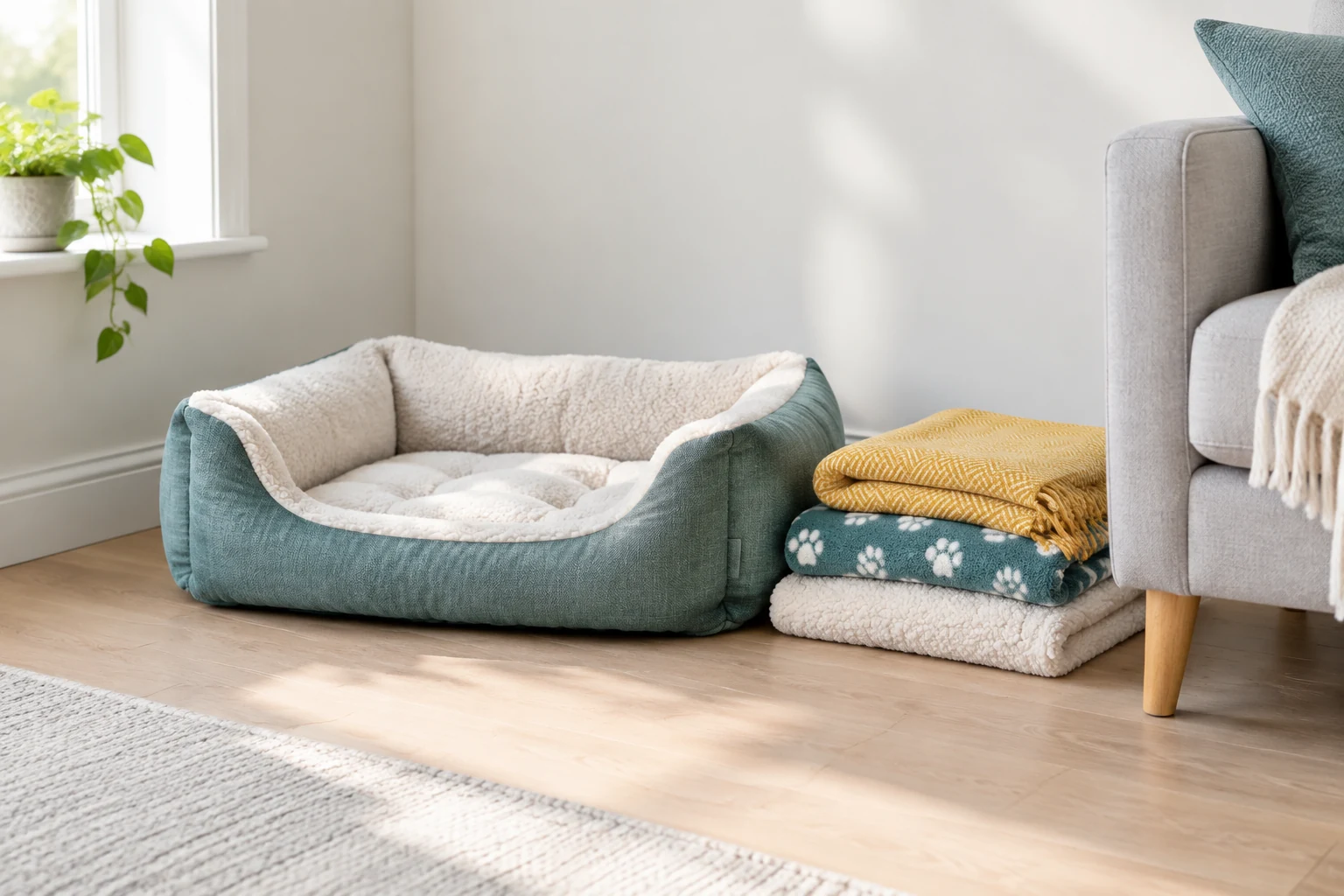 Pet beds and blankets arranged in a bright room