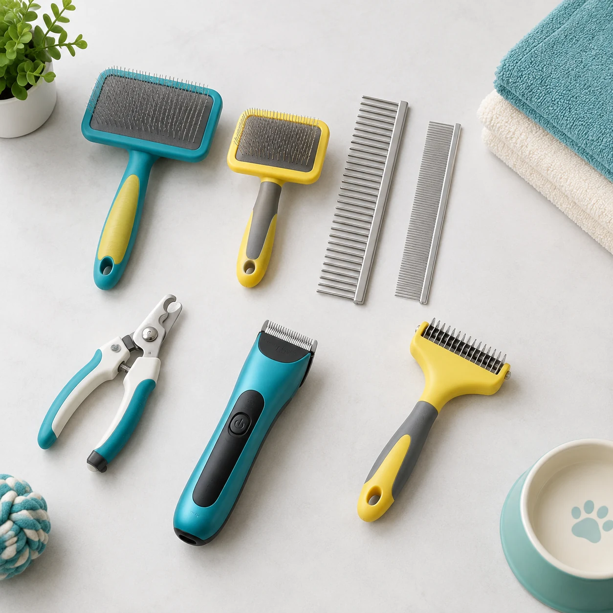 Grooming brushes and combs arranged on a neutral surface