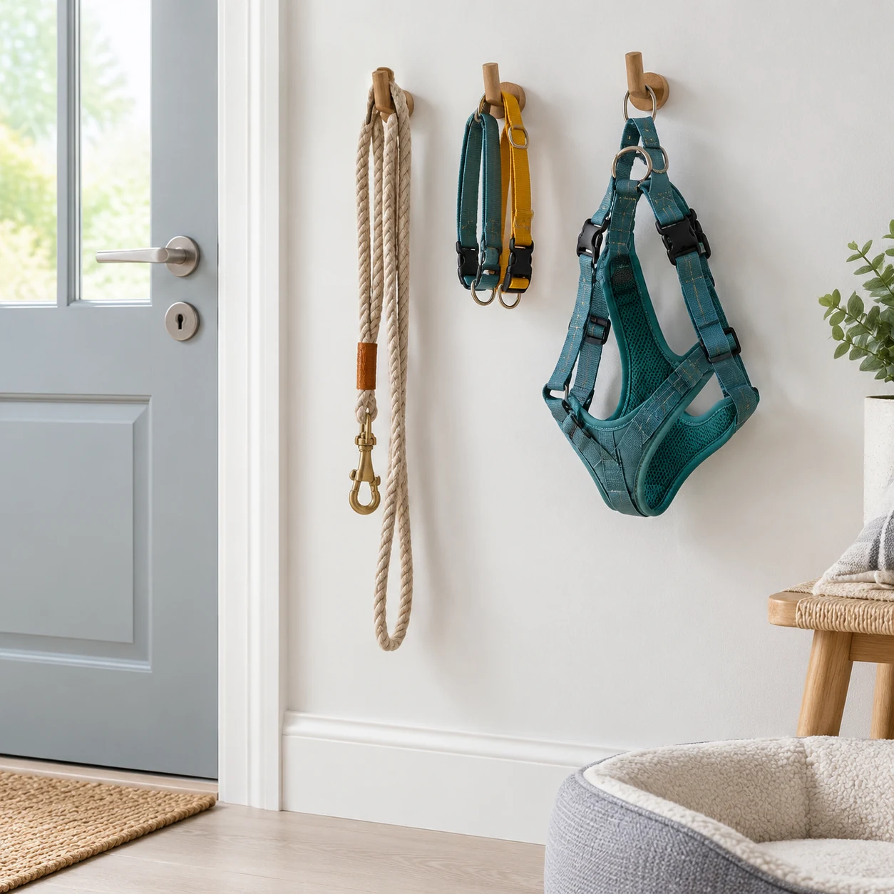 Dog leads and harnesses hanging on hooks