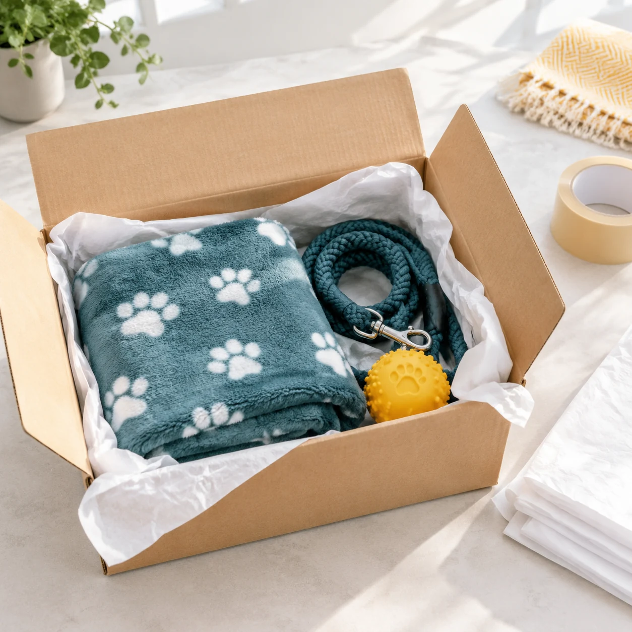 Pet accessories being packed into a parcel