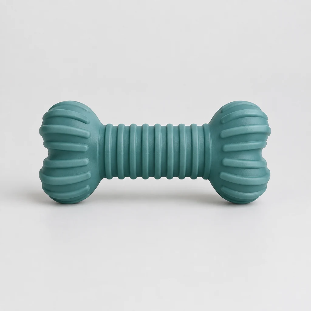 Textured rubber bone chew toy for dogs on a neutral background